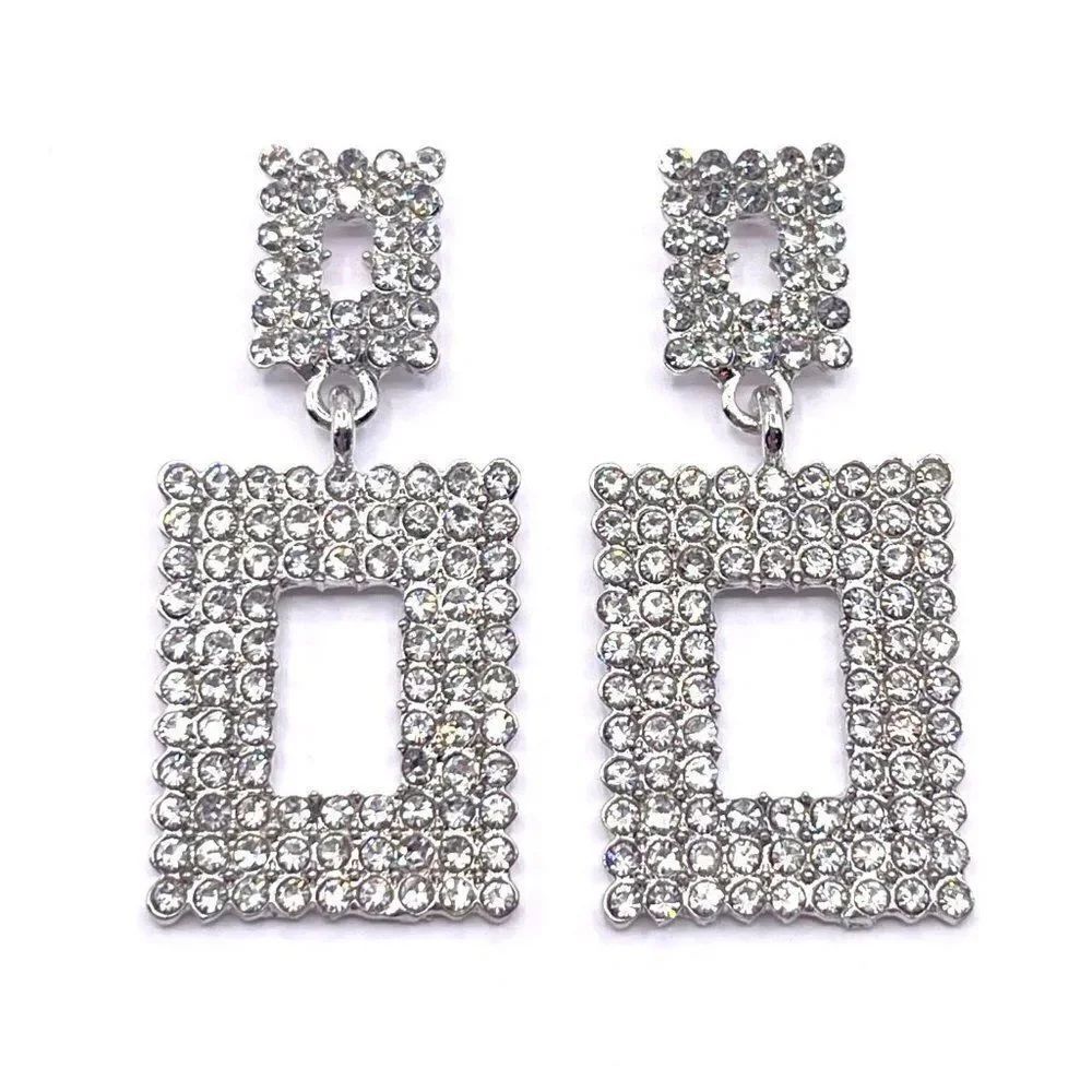 Silver with White Crystal Double Open Rectangle Geometric Post Back Earrings